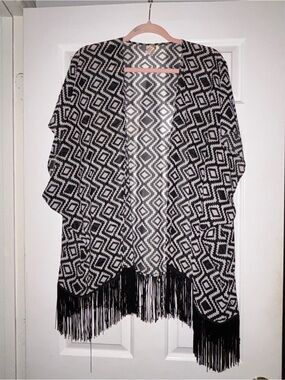 OP Black and White Geometric Fringe Cardigan
